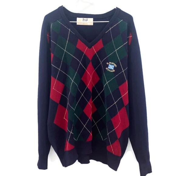 Pringle Of Scotland Argyle Navy/Burgundy/Green V Neck Sweater 46 - Picture 1 of 6